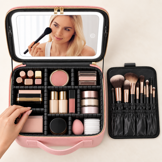Interior organizado de la cosmetiquera con divisiones y panel de brochas