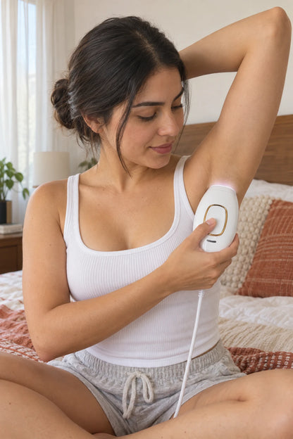 Mujer usando la depiladora IPL en la axila, sentada en su cama