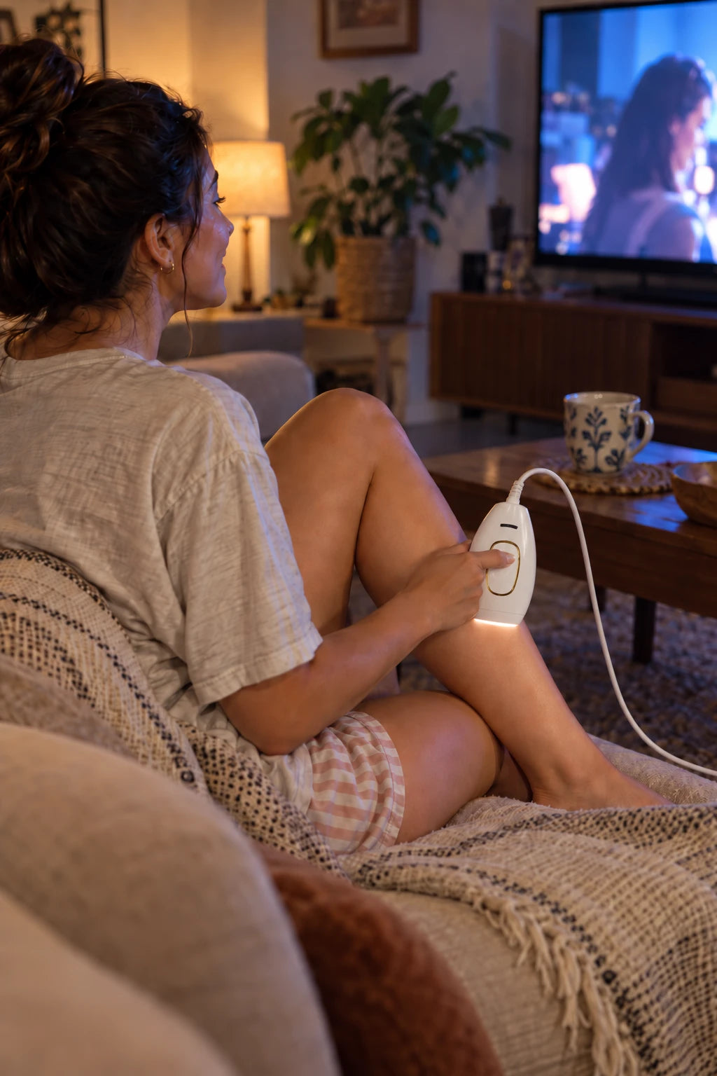 Mujer usando la depiladora IPL en la pierna mientras ve televisión en el sofá