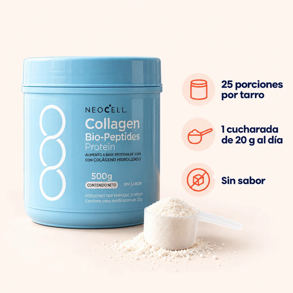25 porciones por tarro, 1 cucharada de 20 g al día, sin sabor