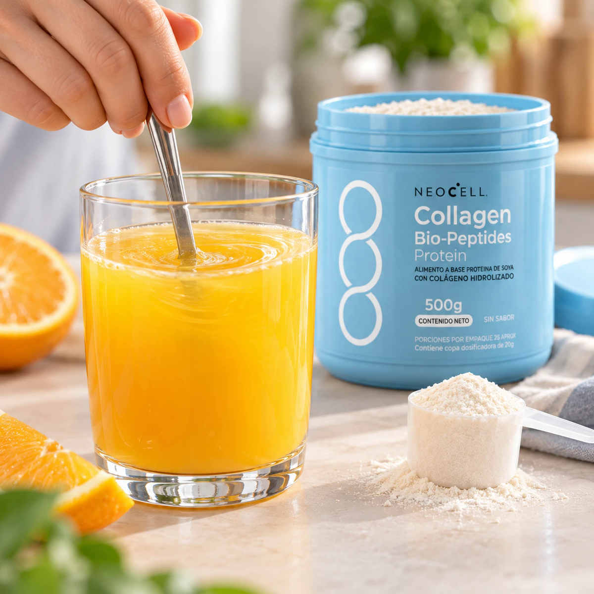 Colágeno sin sabor mezclado en jugo, sin grumos