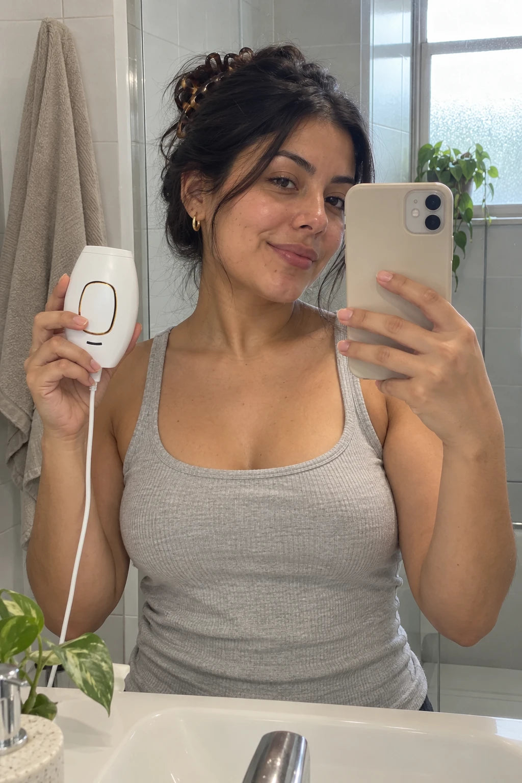 Mujer en el baño mostrando su depiladora IPL