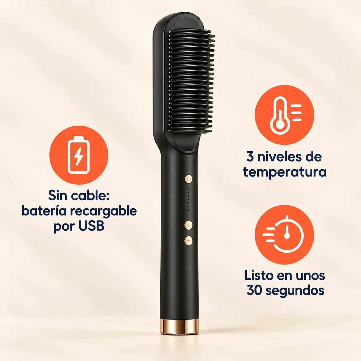 Cepillo alisador sin cable: batería recargable por USB, 3 niveles de temperatura, listo en unos 30 segundos